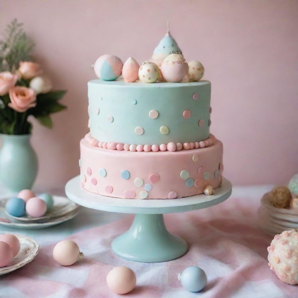 A whimsical, non-realistic cake, painted with diverse pastel colours, styled with a plethora of cute ornaments. It's beautifully set upon a checkered, plaid tablecloth.