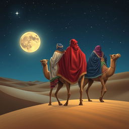 Melchior, Gaspar, and Balthazar traveling on their camels in the distance under a starry sky