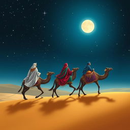 Melchior, Gaspar, and Balthazar traveling on their camels in the distance under a starry sky