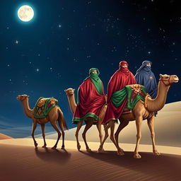 Melchior, Gaspar, and Balthazar traveling on their camels in the distance under a starry sky