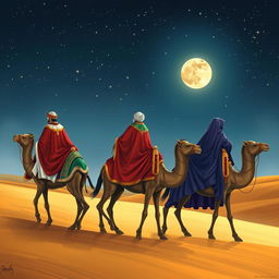 Melchior, Gaspar, and Balthazar traveling on their camels in the distance under a starry sky