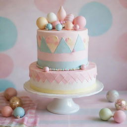 A whimsical, non-realistic cake, painted with diverse pastel colours, styled with a plethora of cute ornaments. It's beautifully set upon a checkered, plaid tablecloth.