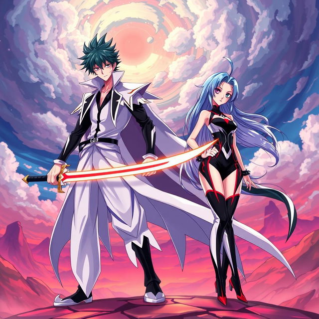 An anime-style illustration featuring Ichigo Kurosaki in his Arrancar form, showcasing his distinct white and black attire, with fierce determination in his eyes and wielding his iconic sword with an intense glow