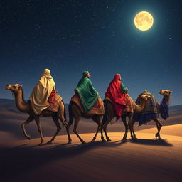 Melchior, Gaspar, and Balthazar traveling on their camels in the distance under a starry sky