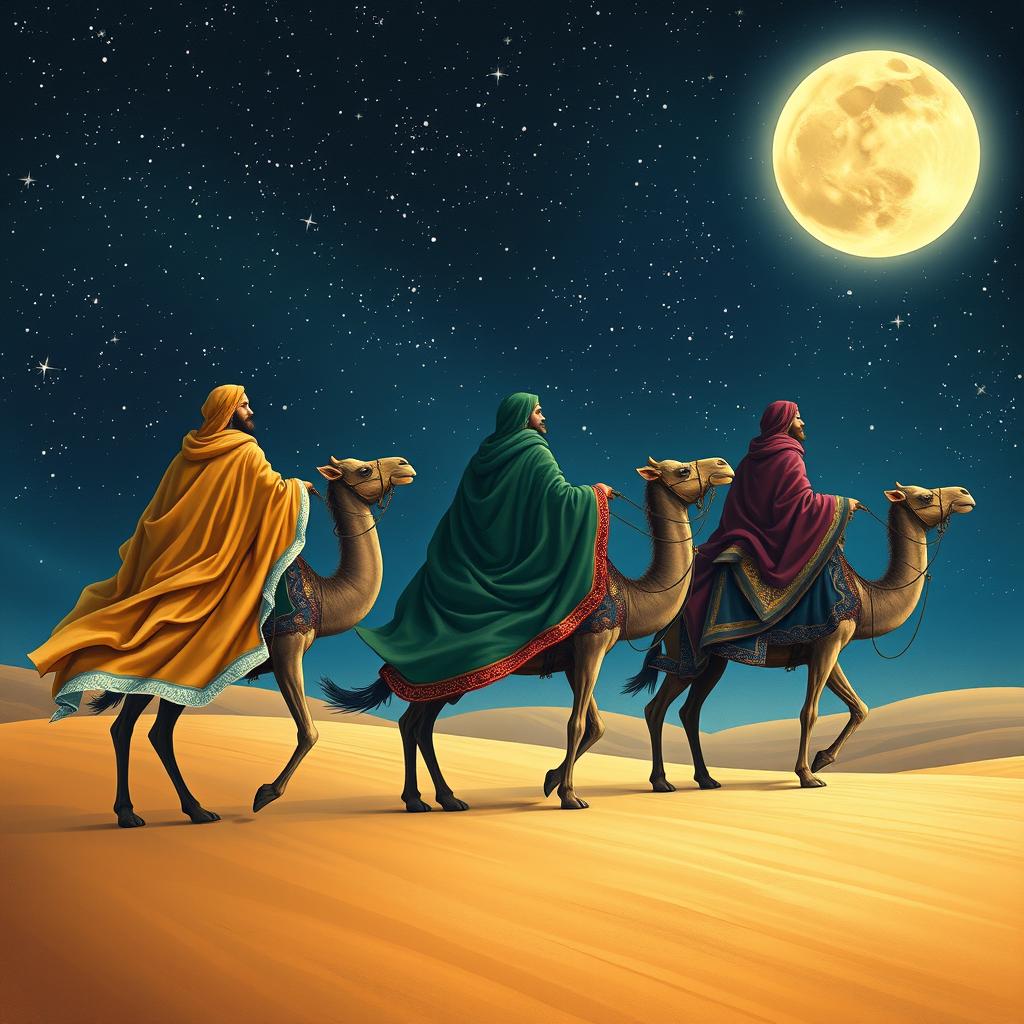 Melchior, Gaspar, and Balthazar traveling on their camels in the distance under a starry sky