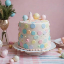 A whimsical, non-realistic cake, painted with diverse pastel colours, styled with a plethora of cute ornaments. It's beautifully set upon a checkered, plaid tablecloth.