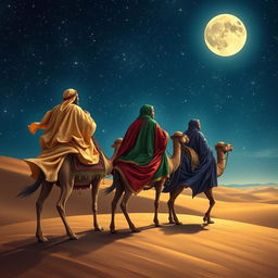 Melchior, Gaspar, and Balthazar traveling on their camels in the distance under a starry sky