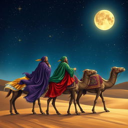 Melchior, Gaspar, and Balthazar traveling on their camels in the distance under a starry sky