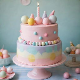 A whimsical, non-realistic cake, painted with diverse pastel colours, styled with a plethora of cute ornaments. It's beautifully set upon a checkered, plaid tablecloth.