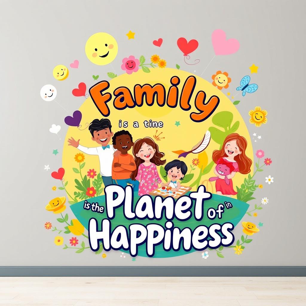 A joyful and colorful wall poster titled "Family is the Planet of Happiness