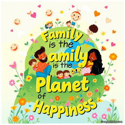 A joyful and colorful wall poster titled "Family is the Planet of Happiness