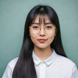 An Asian girl with a banga hairstyle and wearing glasses.