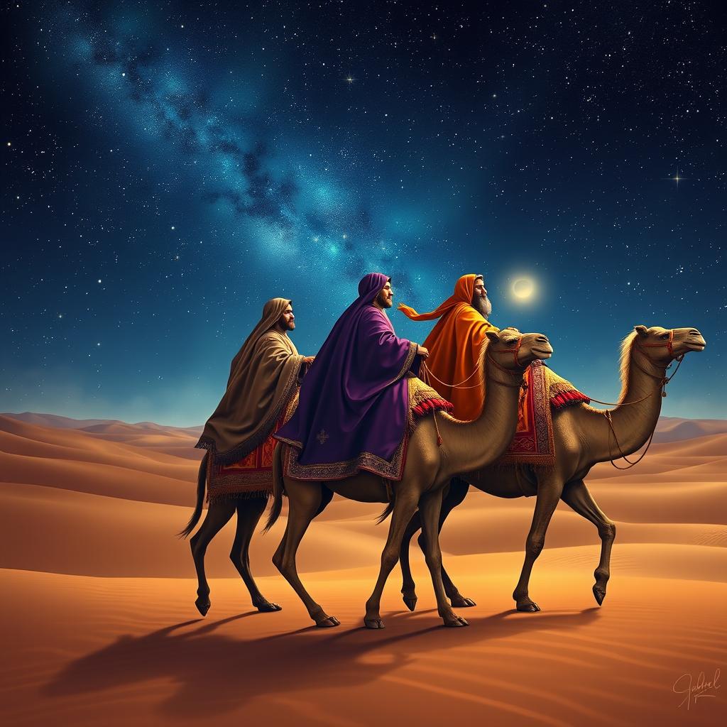 Melchior, Gaspar, and Balthazar, the Three Wise Men, riding their camels through a vast desert under a stunning starry night sky, with shimmering constellations visible above