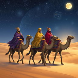 Melchior, Gaspar, and Balthazar, the Three Wise Men, riding their camels through a vast desert under a stunning starry night sky, with shimmering constellations visible above