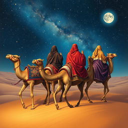 Melchior, Gaspar, and Balthazar, the Three Wise Men, riding their camels through a vast desert under a stunning starry night sky, with shimmering constellations visible above