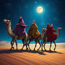 Melchior, Gaspar, and Balthazar, the Three Wise Men, riding their camels through a vast desert under a stunning starry night sky, with shimmering constellations visible above