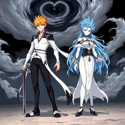 An anime-style illustration showcasing Ichigo Kurosaki in his Arrancar form, featuring his iconic white and black attire, with a fierce and determined expression