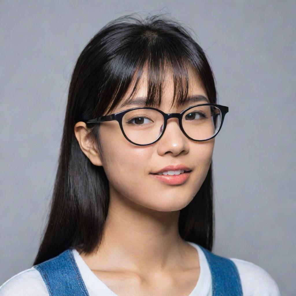 An Asian girl with a banga hairstyle and wearing glasses.