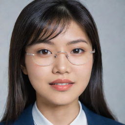 An Asian girl with a banga hairstyle and wearing glasses.