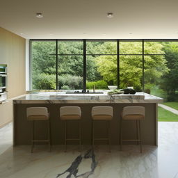 A well-lit modern kitchen with sleek kitchen appliances, a marble countertop, bar stools at the island, and a large window overlooking a garden.