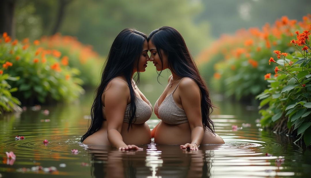 Two beautiful Indian women in their mid-30s, both with long black hair and voluptuous figures, are sitting in the shallow water of a serene wildlife pond surrounded by a vibrant array of colorful plants