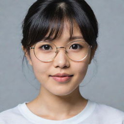 An Asian girl with a banga hairstyle and wearing glasses.