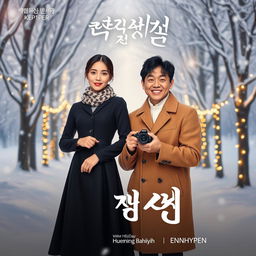 A promotional poster for a drama featuring Huening Bahiyyih from Kep1er, dressed in a chic winter dress, standing confidently in the middle of a snowy landscape