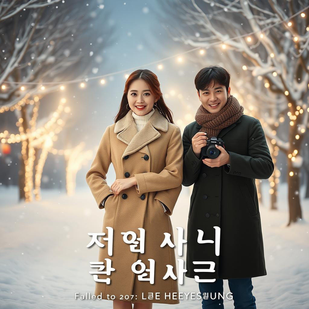 A promotional poster for a drama featuring Huening Bahiyyih from Kep1er, dressed in a chic winter dress, standing confidently in the middle of a snowy landscape