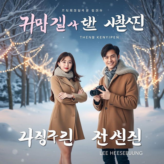 A promotional poster for a drama featuring Huening Bahiyyih from Kep1er, dressed in a chic winter dress, standing confidently in the middle of a snowy landscape