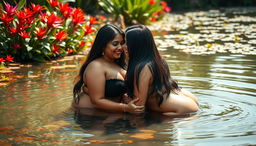 Two beautiful Indian women in their mid-30s, both with long black hair and voluptuous figures, are sitting in the shallow water of a wildlife pond