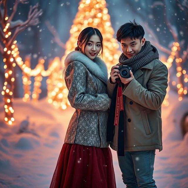 Create a promotional poster for a dramatic winter scene featuring Huening Bahiyyih from Kep1er, dressed in a chic, stylish winter dress that enhances her elegance