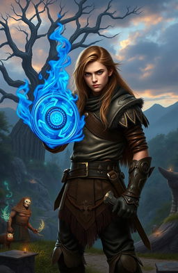 A teenage barbarian with long wild hair, wearing leather armor, standing confidently with a blue flaming yoyo in hand