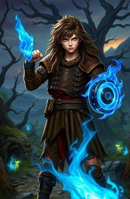 A teenage barbarian with long wild hair, wearing leather armor, standing confidently with a blue flaming yoyo in hand
