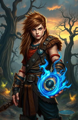 A teenage barbarian with long wild hair, wearing leather armor, standing confidently with a blue flaming yoyo in hand