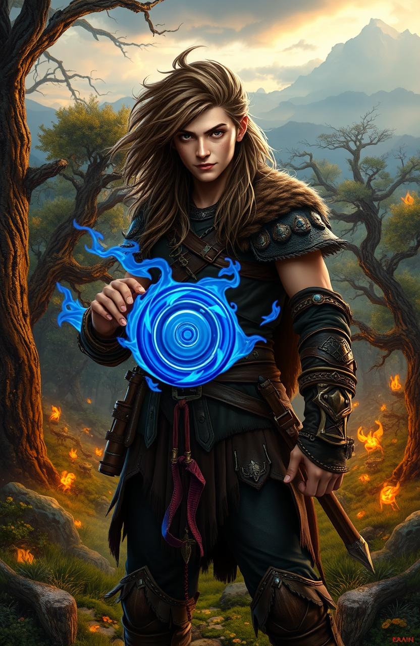 A teenage barbarian with long wild hair, wearing leather armor, standing confidently with a blue flaming yoyo in hand