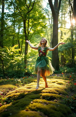 A surreal scene of a person gracefully walking on their hands in a vibrant and colorful forest