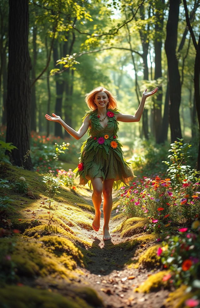 A surreal scene of a person gracefully walking on their hands in a vibrant and colorful forest