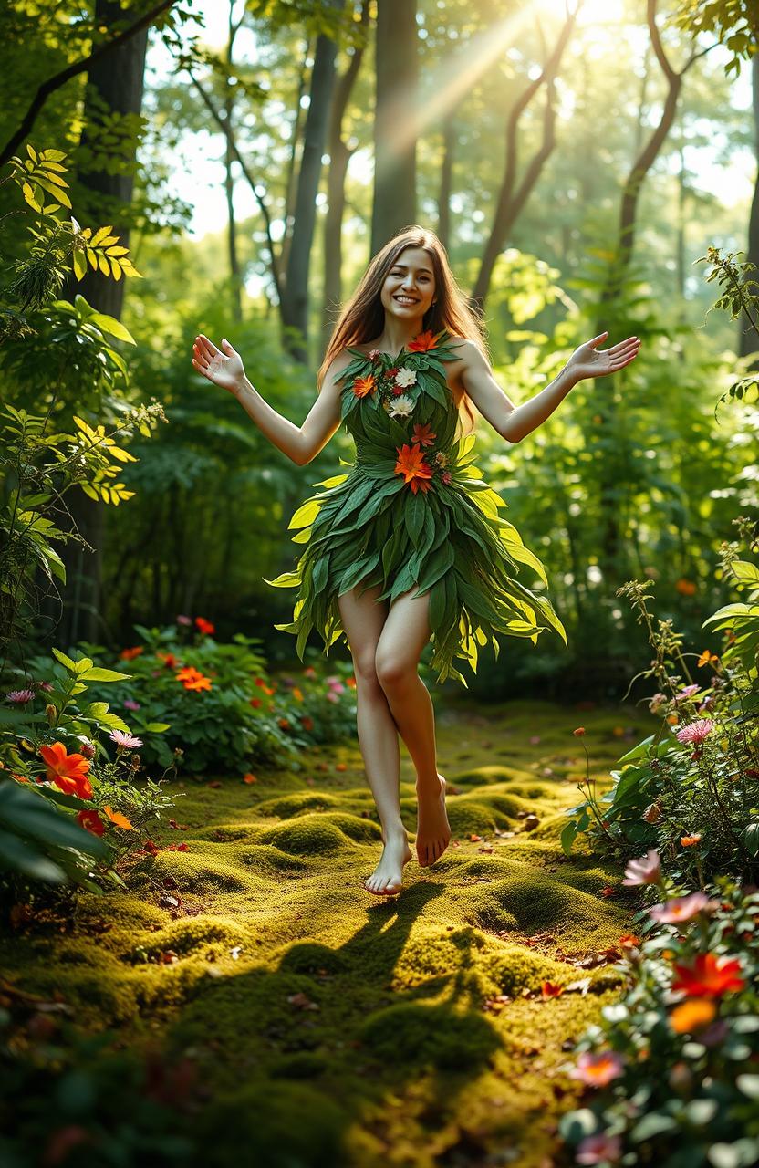 A surreal scene of a person gracefully walking on their hands in a vibrant and colorful forest