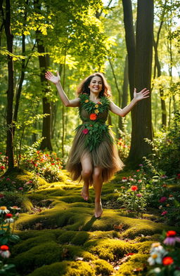 A surreal scene of a person gracefully walking on their hands in a vibrant and colorful forest