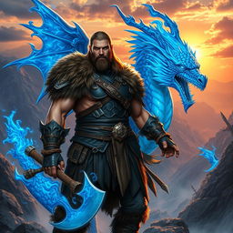 A male barbarian with rugged features, wearing a combination of leather and fur armor, standing majestically beside a powerful blue flaming dragon