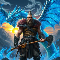 A male barbarian with rugged features, wearing a combination of leather and fur armor, standing majestically beside a powerful blue flaming dragon