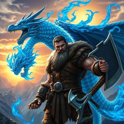 A male barbarian with rugged features, wearing a combination of leather and fur armor, standing majestically beside a powerful blue flaming dragon