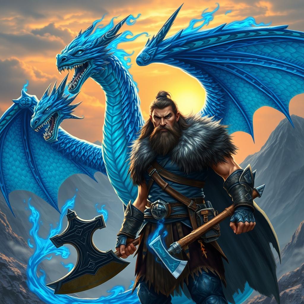 A male barbarian with rugged features, wearing a combination of leather and fur armor, standing majestically beside a powerful blue flaming dragon