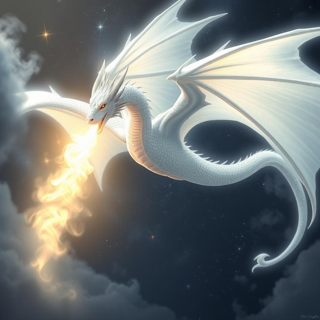 A majestic dragon of light, featuring dazzling white scales that shimmer like freshly fallen snow