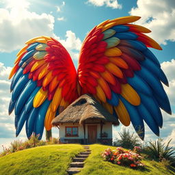 An imaginative scene of an enormous set of colorful wings that envelops a cozy house