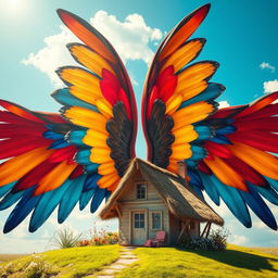 An imaginative scene of an enormous set of colorful wings that envelops a cozy house