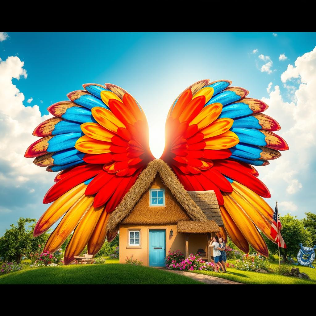 An imaginative scene of an enormous set of colorful wings that envelops a cozy house