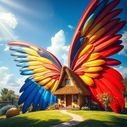 An imaginative scene of an enormous set of colorful wings that envelops a cozy house