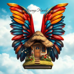 A captivating book cover design featuring an enormous, vibrant pair of wings enveloping a cozy house