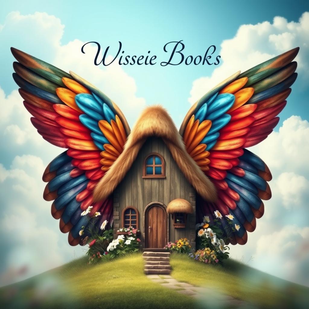 A captivating book cover design featuring an enormous, vibrant pair of wings enveloping a cozy house